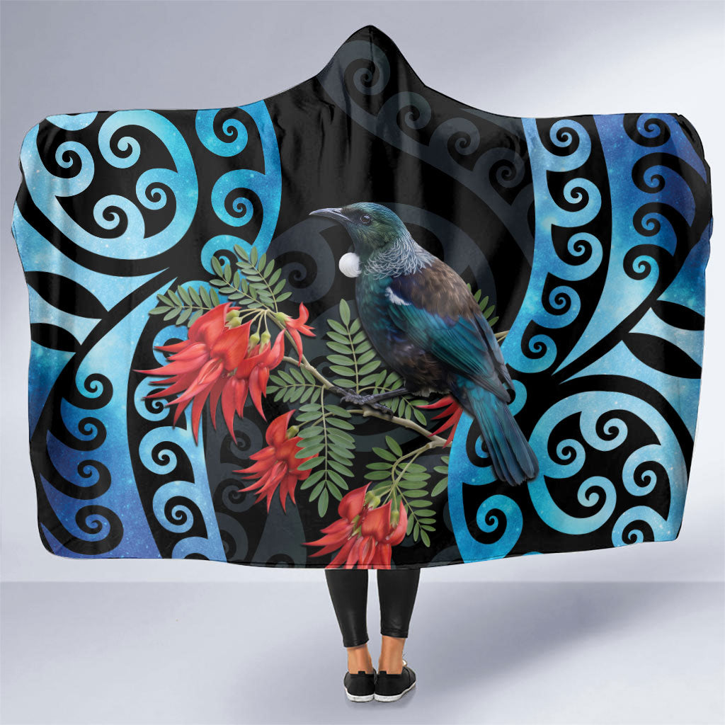 Tui Bird Kakabeak New Zealand Hooded Blanket Clianthus Galaxy Maori Koru Pattern