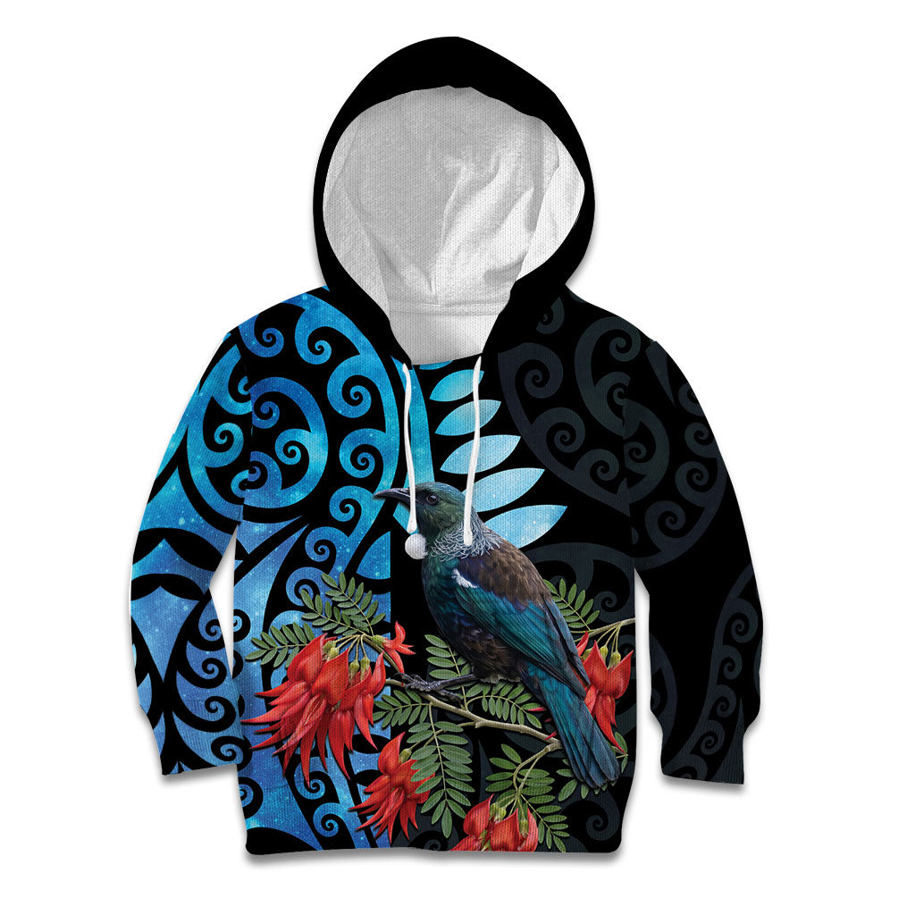 Tui Bird Kakabeak New Zealand Kid Hoodie Clianthus Galaxy Maori Koru Pattern LT22 Hoodie Blue - Polynesian Pride