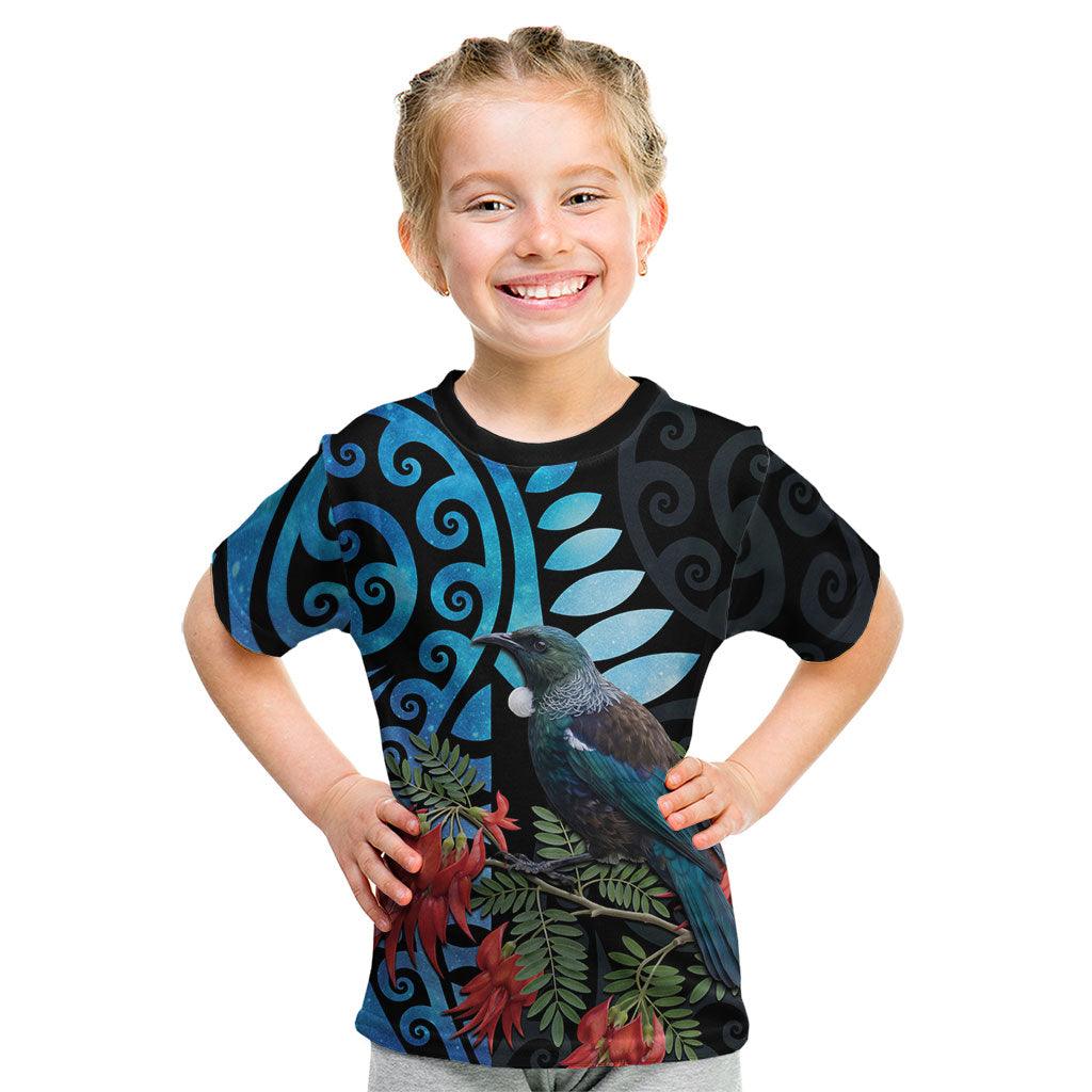 Tui Bird Kakabeak New Zealand Kid T Shirt Clianthus Galaxy Maori Koru Pattern LT22 Blue - Polynesian Pride