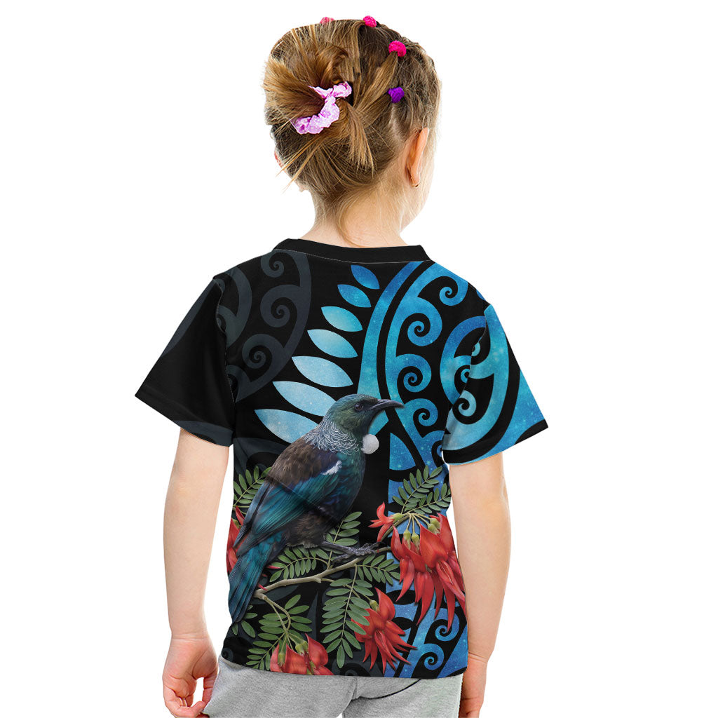 Tui Bird Kakabeak New Zealand Kid T Shirt Clianthus Galaxy Maori Koru Pattern LT22 - Polynesian Pride