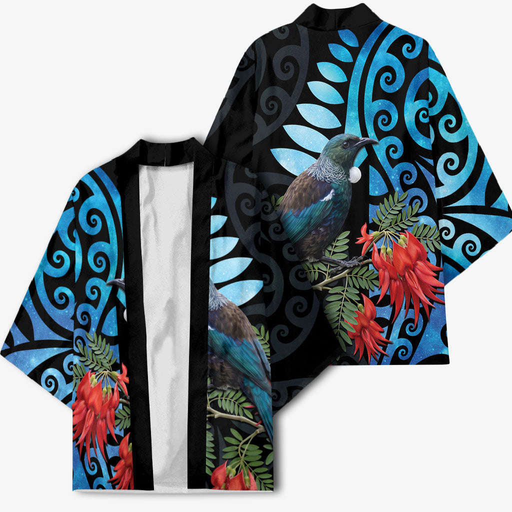 Tui Bird Kakabeak New Zealand Kimono Clianthus Galaxy Maori Koru Pattern LT22 - Polynesian Pride