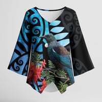 Tui Bird Kakabeak New Zealand Kimono Sleeve Blouse Clianthus Galaxy Maori Koru Pattern LT22 Female Blue - Polynesian Pride