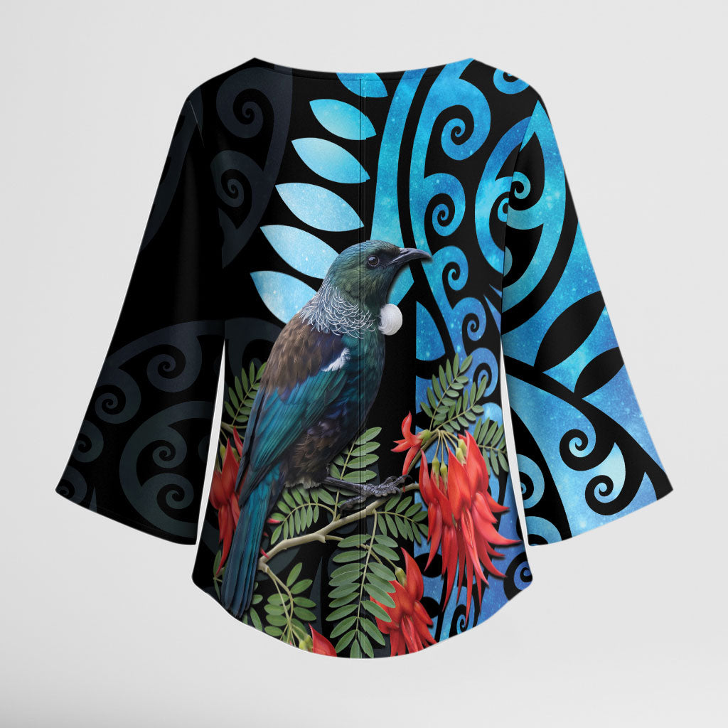 Tui Bird Kakabeak New Zealand Kimono Sleeve Blouse Clianthus Galaxy Maori Koru Pattern LT22 - Polynesian Pride