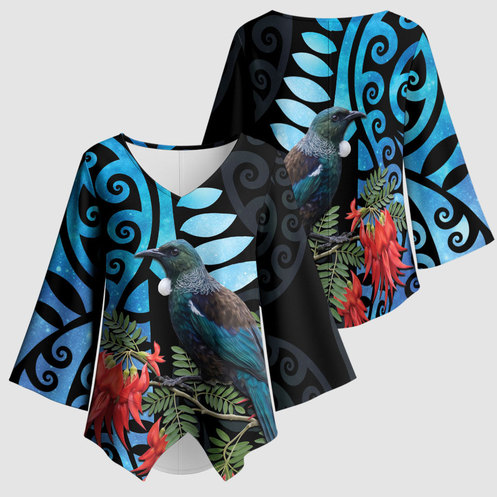 Tui Bird Kakabeak New Zealand Kimono Sleeve Blouse Clianthus Galaxy Maori Koru Pattern LT22 - Polynesian Pride