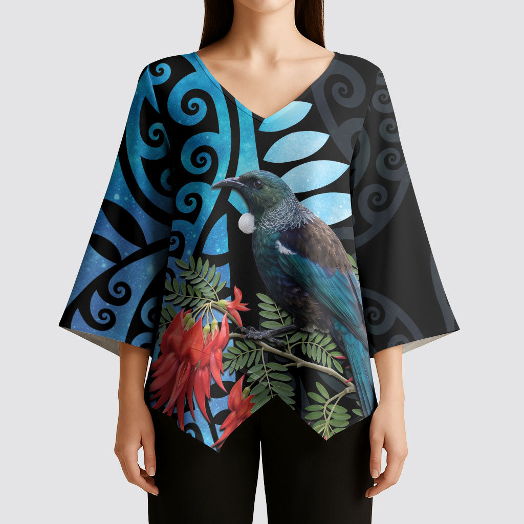 Tui Bird Kakabeak New Zealand Kimono Sleeve Blouse Clianthus Galaxy Maori Koru Pattern LT22 - Polynesian Pride