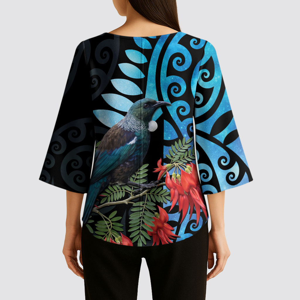 Tui Bird Kakabeak New Zealand Kimono Sleeve Blouse Clianthus Galaxy Maori Koru Pattern LT22 - Polynesian Pride
