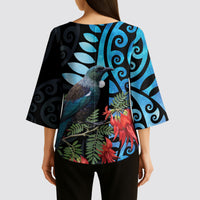 Tui Bird Kakabeak New Zealand Kimono Sleeve Blouse Clianthus Galaxy Maori Koru Pattern LT22 - Polynesian Pride