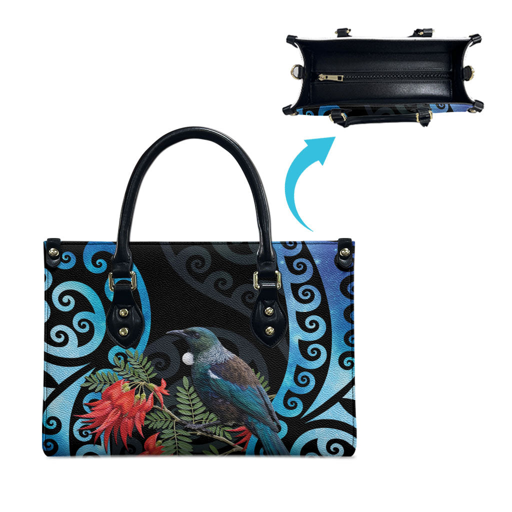 Tui Bird Kakabeak New Zealand Leather Bag Clianthus Galaxy Maori Koru Pattern