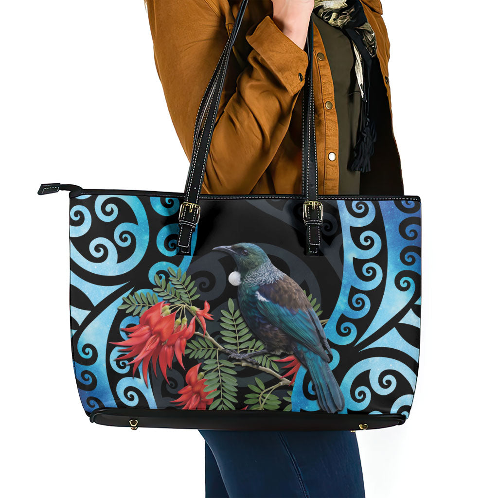 Tui Bird Kakabeak New Zealand Leather Tote Bag Clianthus Galaxy Maori Koru Pattern LT22 - Polynesian Pride