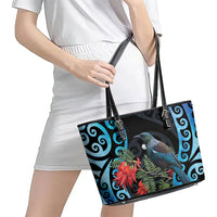 Tui Bird Kakabeak New Zealand Leather Tote Bag Clianthus Galaxy Maori Koru Pattern LT22 - Polynesian Pride