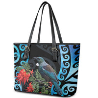 Tui Bird Kakabeak New Zealand Leather Tote Bag Clianthus Galaxy Maori Koru Pattern LT22 - Polynesian Pride