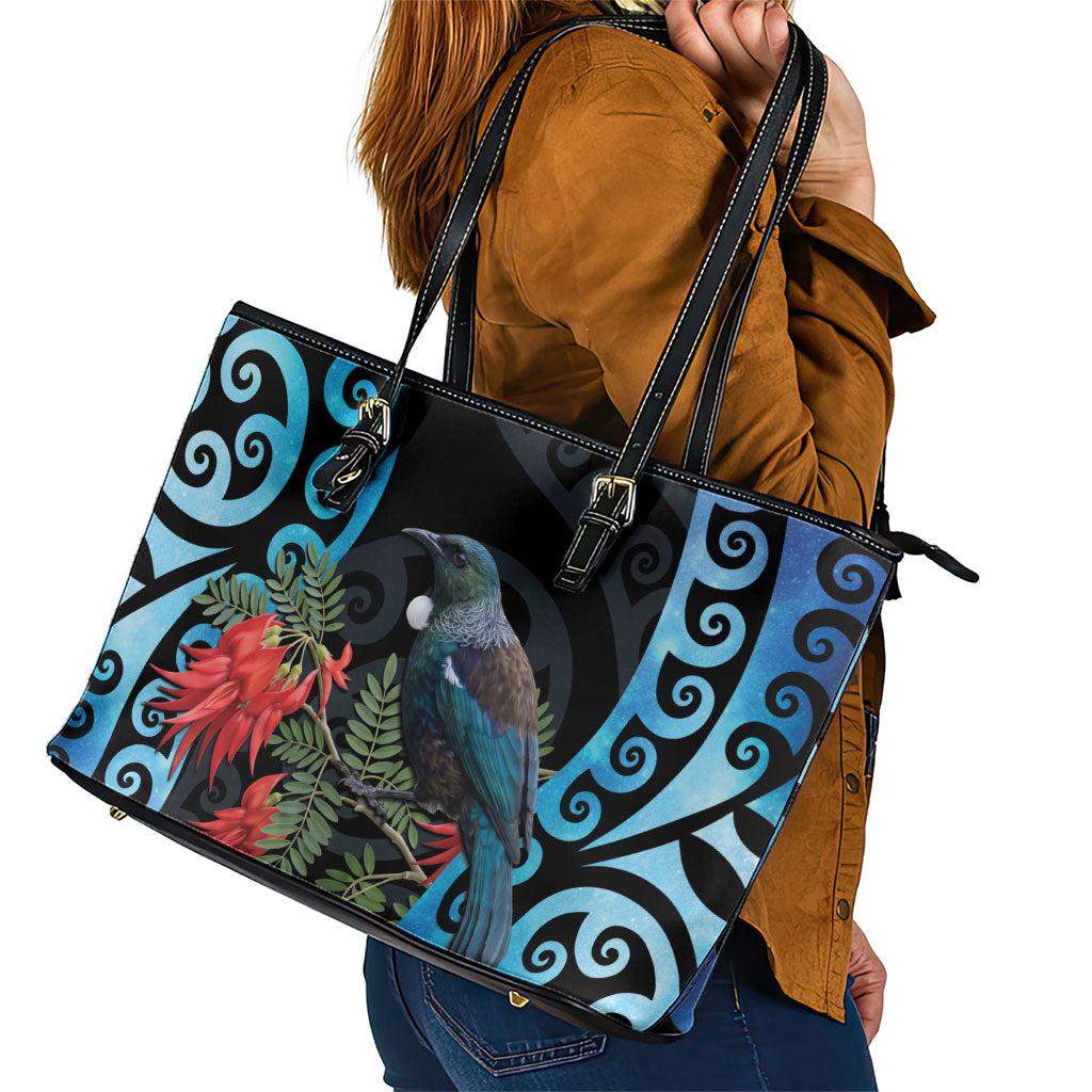 Tui Bird Kakabeak New Zealand Leather Tote Bag Clianthus Galaxy Maori Koru Pattern LT22 - Polynesian Pride