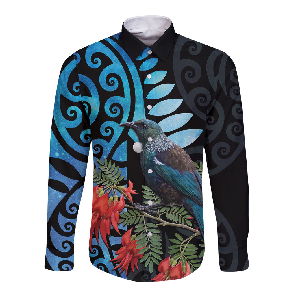 Tui Bird Kakabeak New Zealand Long Sleeve Button Shirt Clianthus Galaxy Maori Koru Pattern LT22 Unisex Blue - Polynesian Pride