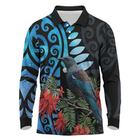 Tui Bird Kakabeak New Zealand Long Sleeve Polo Shirt Clianthus Galaxy Maori Koru Pattern LT22 Blue - Polynesian Pride