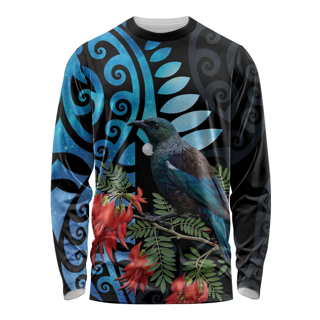 Tui Bird Kakabeak New Zealand Long Sleeve Shirt Clianthus Galaxy Maori Koru Pattern LT22 Unisex Blue - Polynesian Pride