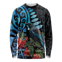 Tui Bird Kakabeak New Zealand Long Sleeve Shirt Clianthus Galaxy Maori Koru Pattern LT22 Unisex Blue - Polynesian Pride