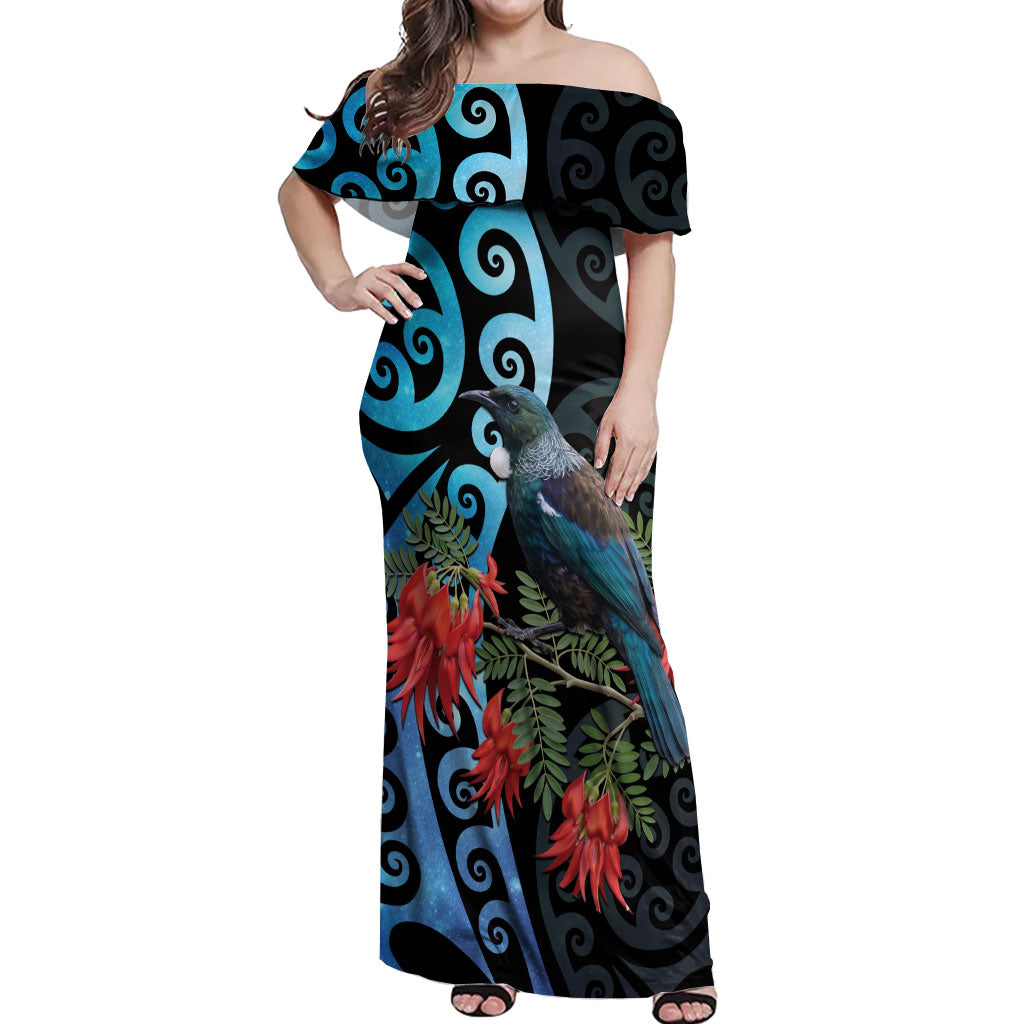 Tui Bird Kakabeak New Zealand Off Shoulder Maxi Dress Clianthus Galaxy Maori Koru Pattern LT22 Women Blue - Polynesian Pride