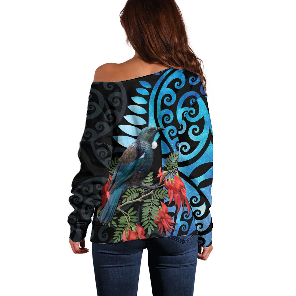 Tui Bird Kakabeak New Zealand Off Shoulder Sweater Clianthus Galaxy Maori Koru Pattern LT22 - Polynesian Pride