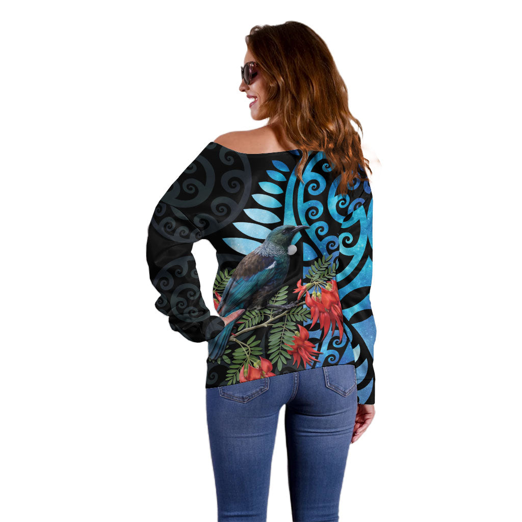 Tui Bird Kakabeak New Zealand Off Shoulder Sweater Clianthus Galaxy Maori Koru Pattern LT22 - Polynesian Pride