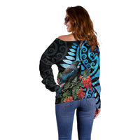 Tui Bird Kakabeak New Zealand Off Shoulder Sweater Clianthus Galaxy Maori Koru Pattern LT22 - Polynesian Pride
