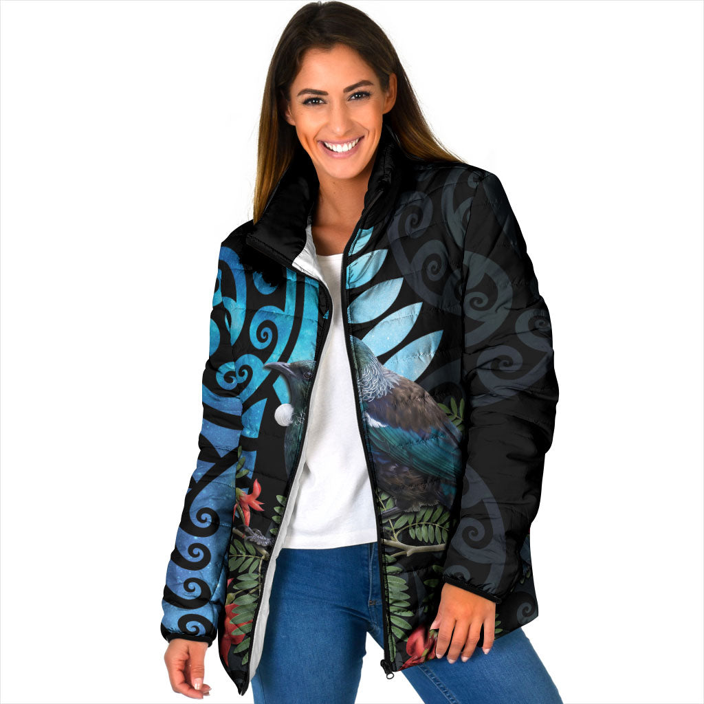 Tui Bird Kakabeak New Zealand Padded Jacket Clianthus Galaxy Maori Koru Pattern LT22 Women Blue - Polynesian Pride