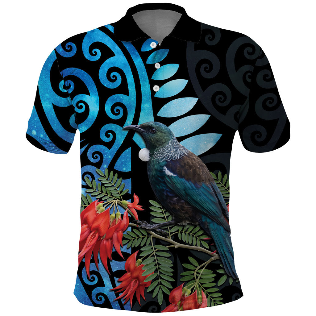 Tui Bird Kakabeak New Zealand Polo Shirt Clianthus Galaxy Maori Koru Pattern