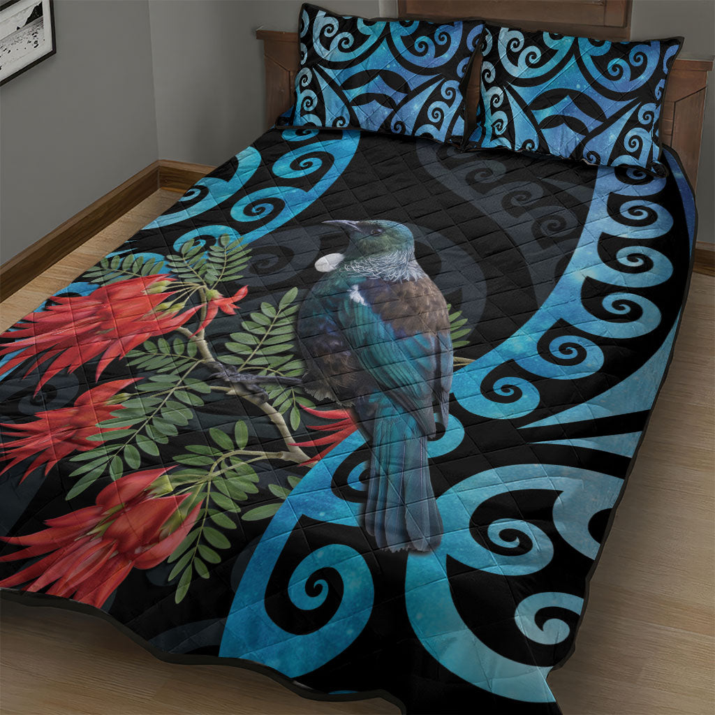 Tui Bird Kakabeak New Zealand Quilt Bed Set Clianthus Galaxy Maori Koru Pattern LT22 - Polynesian Pride