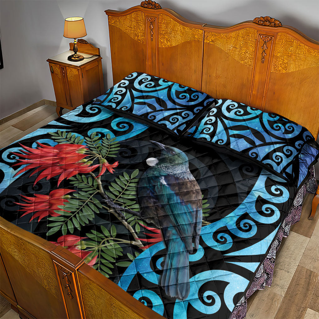 Tui Bird Kakabeak New Zealand Quilt Bed Set Clianthus Galaxy Maori Koru Pattern LT22 - Polynesian Pride