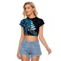 Tui Bird Kakabeak New Zealand Raglan Cropped T Shirt Clianthus Galaxy Maori Koru Pattern LT22 Female Blue - Polynesian Pride