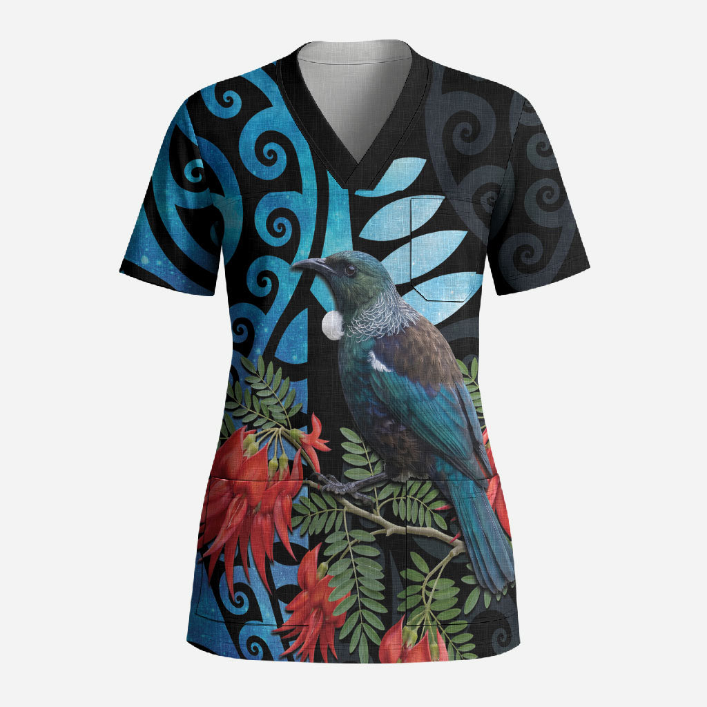 Tui Bird Kakabeak New Zealand Scrub Top Clianthus Galaxy Maori Koru Pattern LT22 Adult Blue - Polynesian Pride