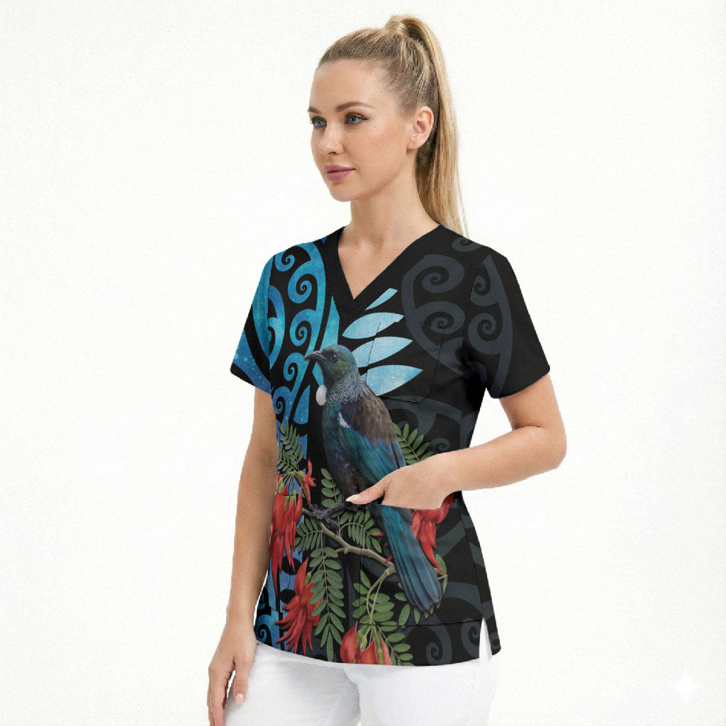 Tui Bird Kakabeak New Zealand Scrub Top Clianthus Galaxy Maori Koru Pattern LT22 - Polynesian Pride