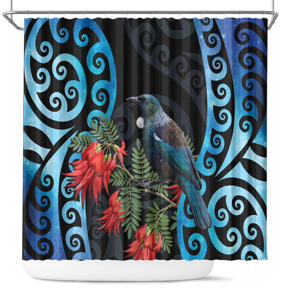 Tui Bird Kakabeak New Zealand Shower Curtain Clianthus Galaxy Maori Koru Pattern LT22 Blue - Polynesian Pride