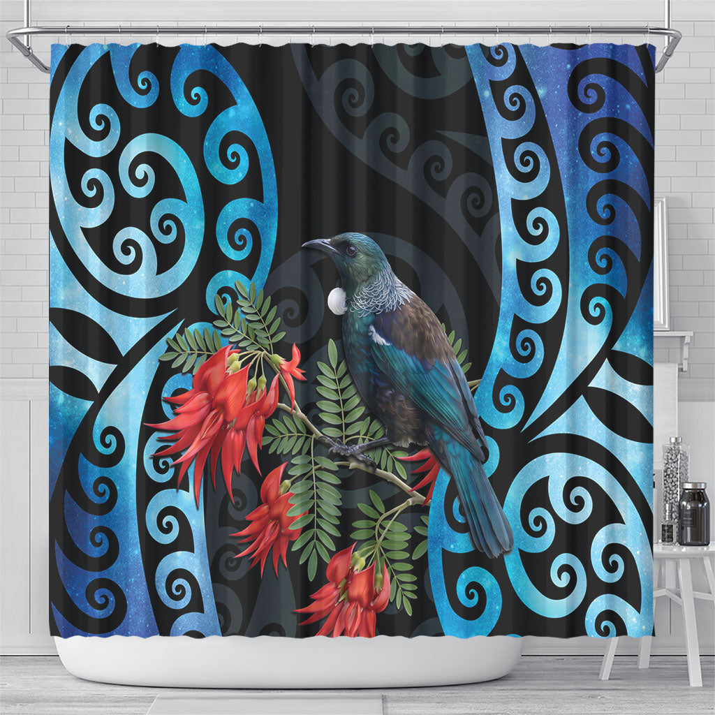 Tui Bird Kakabeak New Zealand Shower Curtain Clianthus Galaxy Maori Koru Pattern LT22 - Polynesian Pride