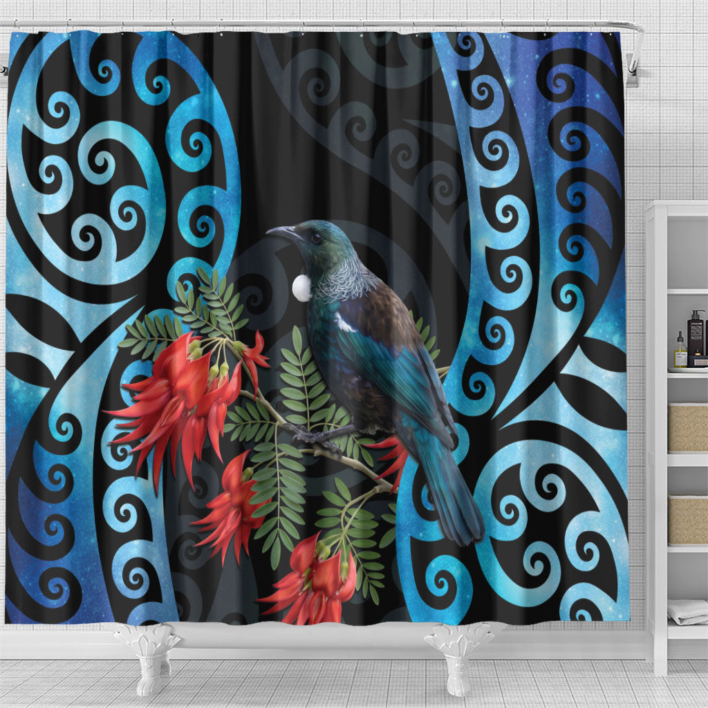 Tui Bird Kakabeak New Zealand Shower Curtain Clianthus Galaxy Maori Koru Pattern LT22 - Polynesian Pride