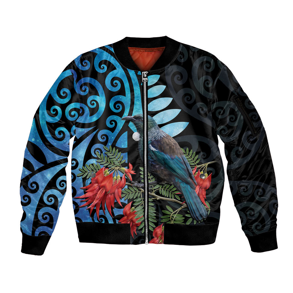 Tui Bird Kakabeak New Zealand Sleeve Zip Bomber Jacket Clianthus Galaxy Maori Koru Pattern LT22 Unisex Blue - Polynesian Pride