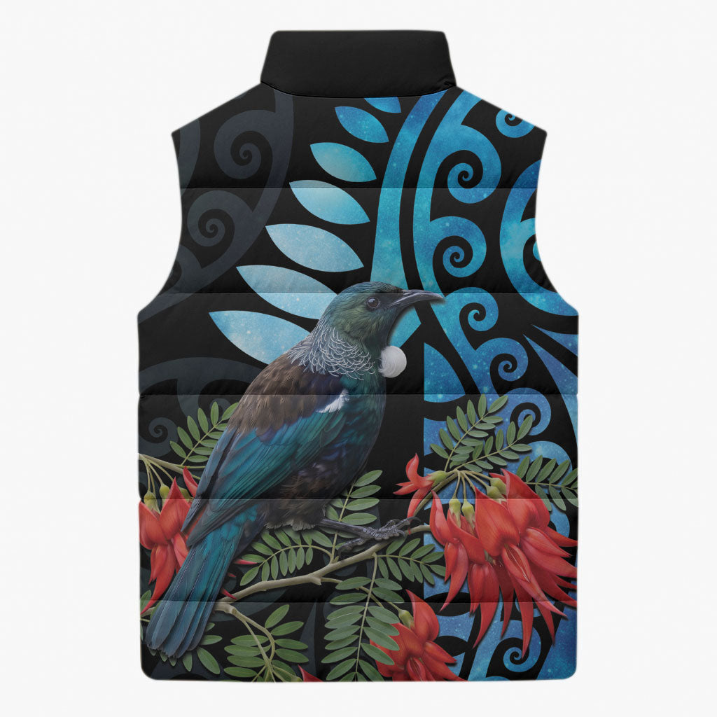 Tui Bird Kakabeak New Zealand Sleeveless Puffer Jacket Clianthus Galaxy Maori Koru Pattern LT22 - Polynesian Pride
