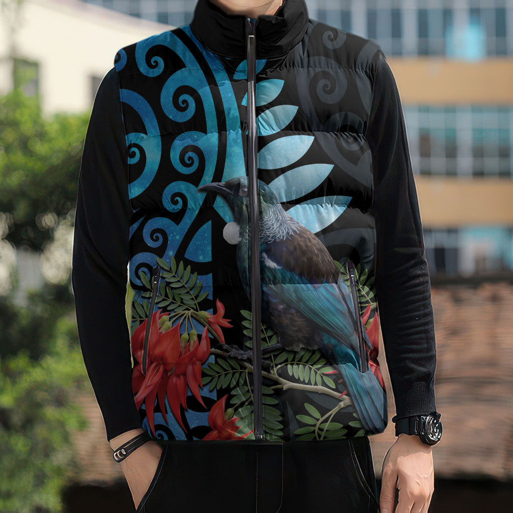 Tui Bird Kakabeak New Zealand Sleeveless Puffer Jacket Clianthus Galaxy Maori Koru Pattern LT22 - Polynesian Pride
