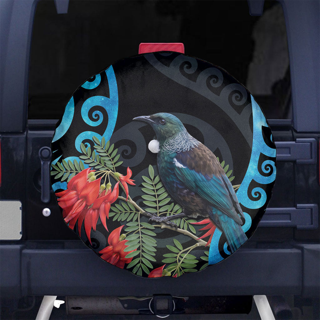 Tui Bird Kakabeak New Zealand Spare Tire Cover Clianthus Galaxy Maori Koru Pattern LT22 No hole Blue - Polynesian Pride
