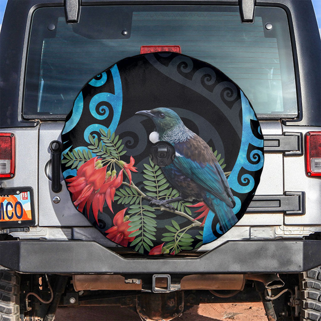 Tui Bird Kakabeak New Zealand Spare Tire Cover Clianthus Galaxy Maori Koru Pattern LT22 Blue - Polynesian Pride