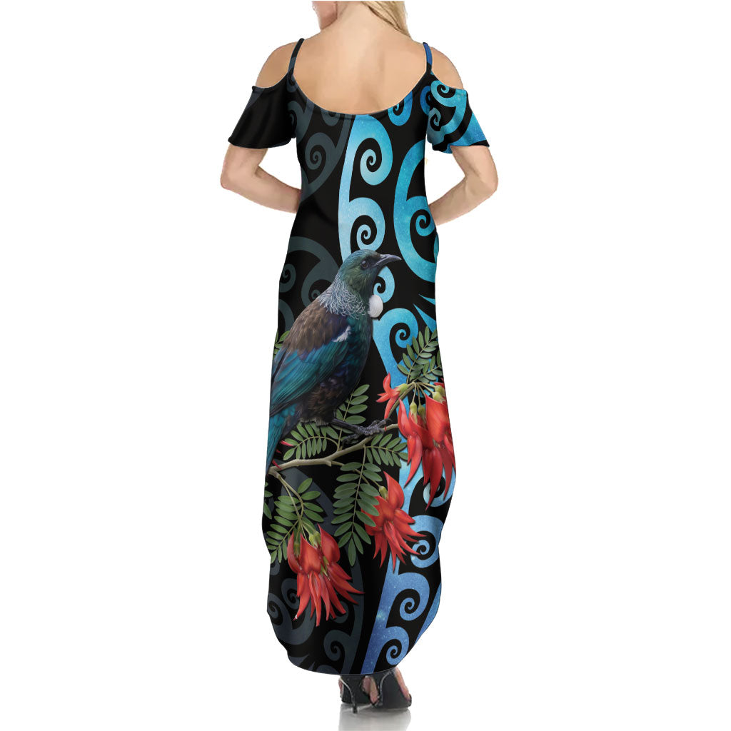 Tui Bird Kakabeak New Zealand Summer Maxi Dress Clianthus Galaxy Maori Koru Pattern LT22 - Polynesian Pride