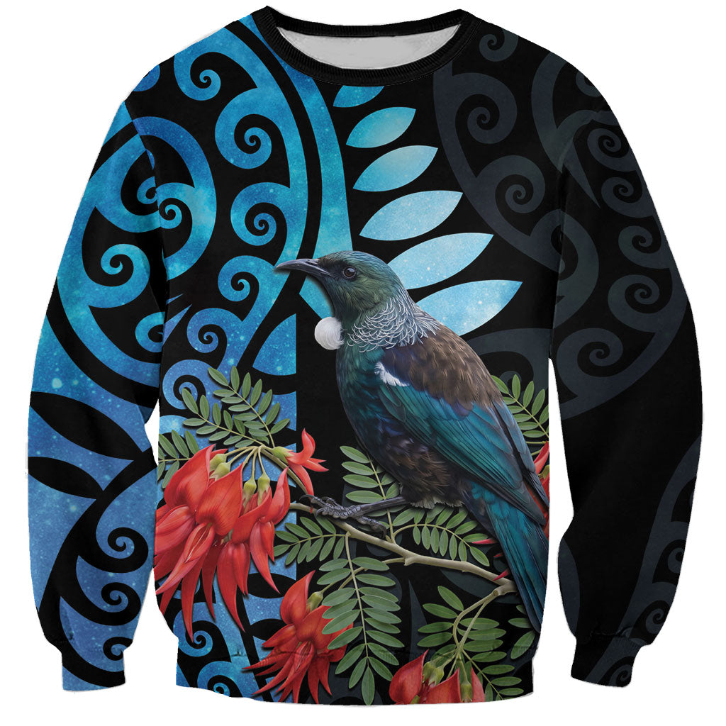 Tui Bird Kakabeak New Zealand Sweatshirt Clianthus Galaxy Maori Koru Pattern LT22 Unisex Blue - Polynesian Pride