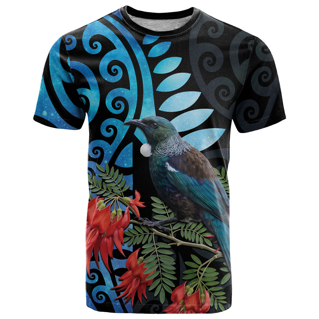 Tui Bird Kakabeak New Zealand T Shirt Clianthus Galaxy Maori Koru Pattern LT22 Blue - Polynesian Pride