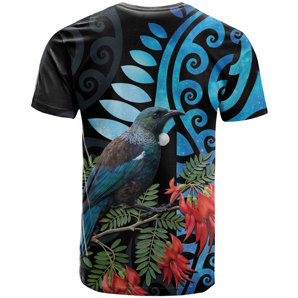 Tui Bird Kakabeak New Zealand T Shirt Clianthus Galaxy Maori Koru Pattern LT22 - Polynesian Pride