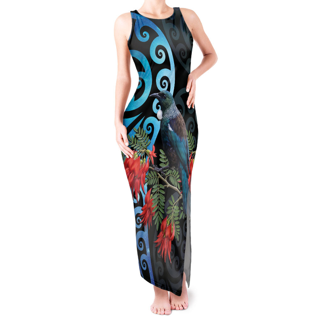 Tui Bird Kakabeak New Zealand Tank Maxi Dress Clianthus Galaxy Maori Koru Pattern LT22 Women Blue - Polynesian Pride