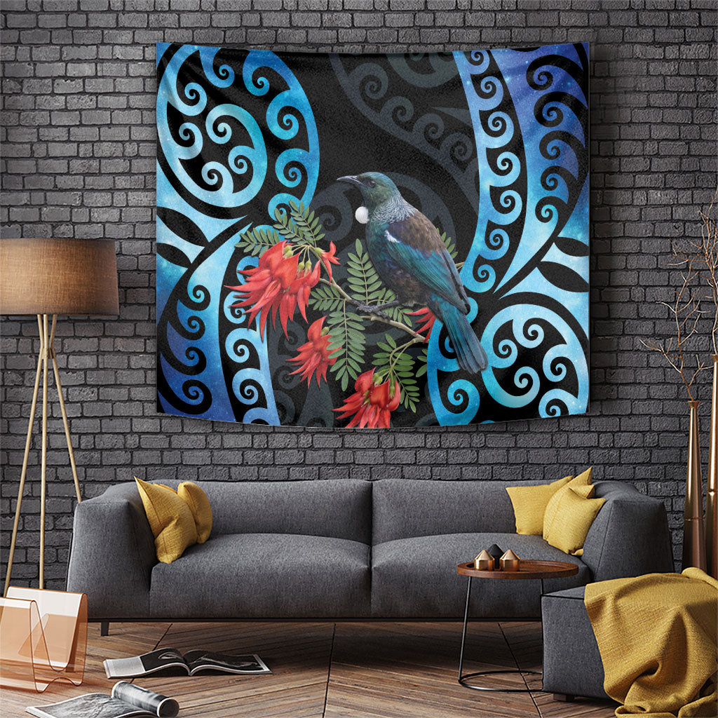 Tui Bird Kakabeak New Zealand Tapestry Clianthus Galaxy Maori Koru Pattern LT22 Blue - Polynesian Pride