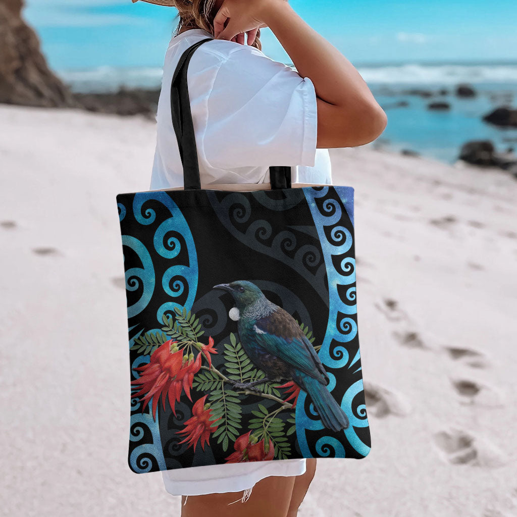 Tui Bird Kakabeak New Zealand Tote Bag Clianthus Galaxy Maori Koru Pattern LT22 - Polynesian Pride