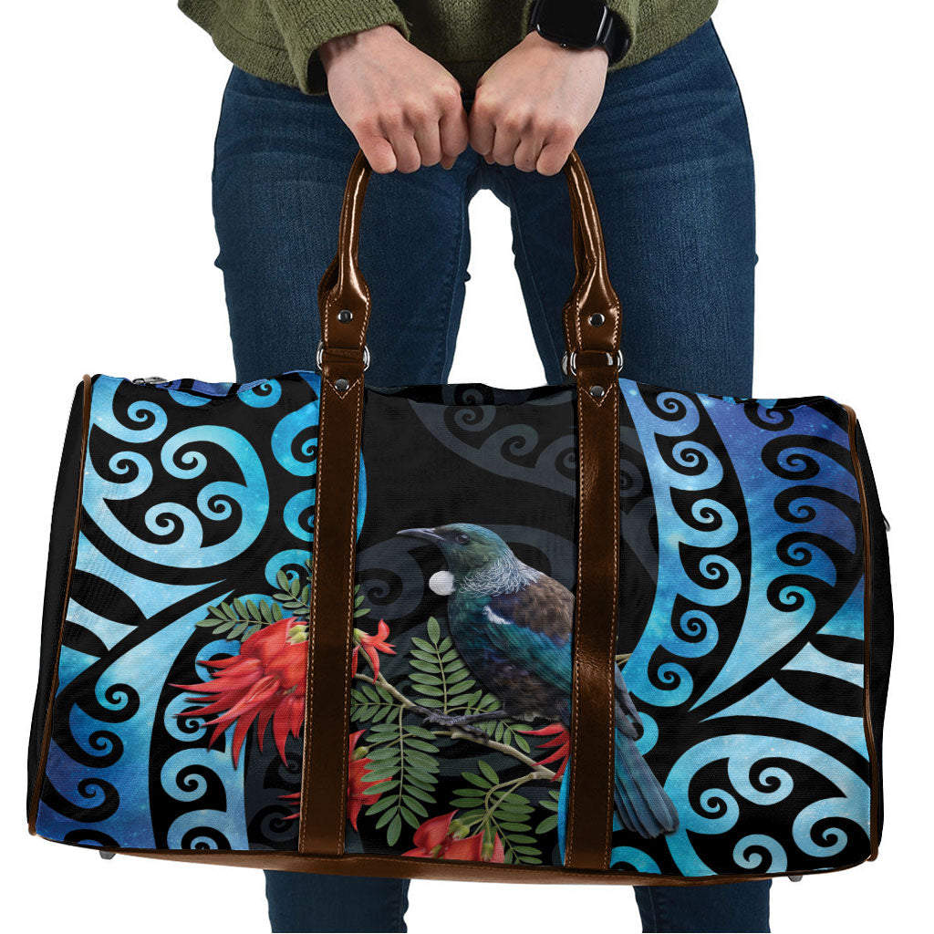 Tui Bird Kakabeak New Zealand Travel Bag Clianthus Galaxy Maori Koru Pattern LT22 Blue - Polynesian Pride