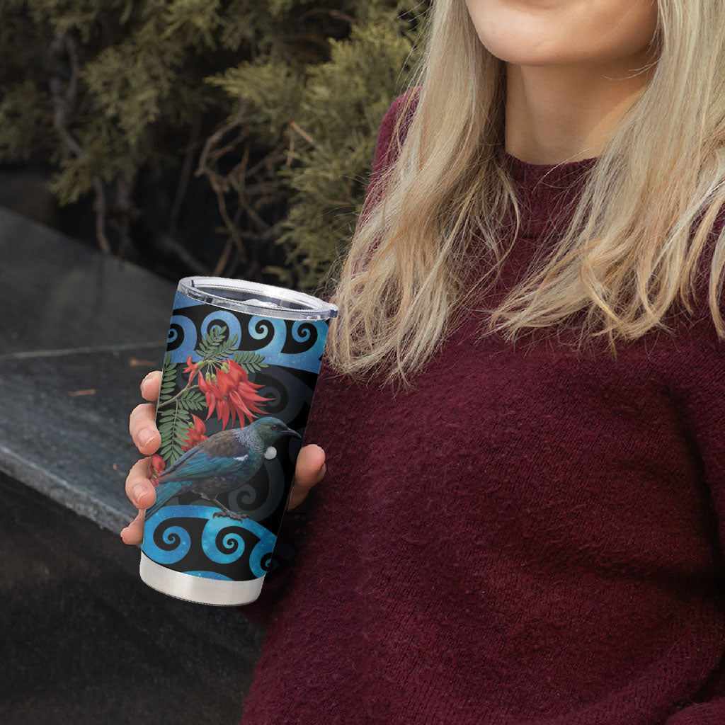 Tui Bird Kakabeak New Zealand Tumbler Cup Clianthus Galaxy Maori Koru Pattern