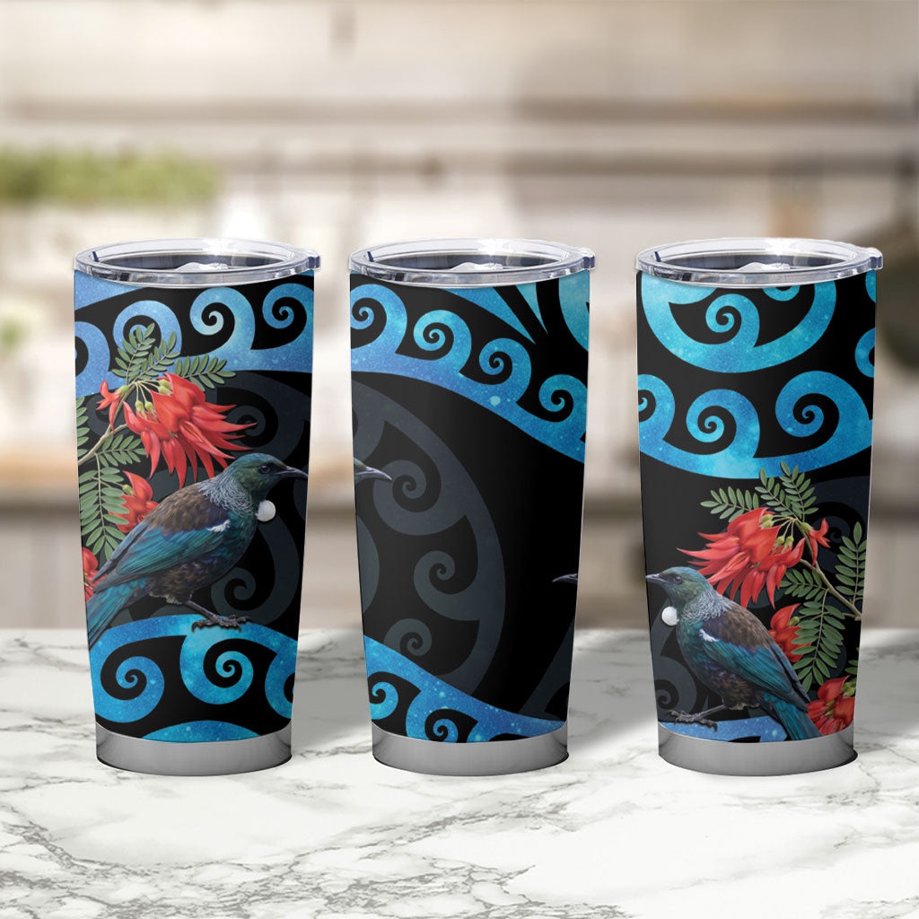 Tui Bird Kakabeak New Zealand Tumbler Cup Clianthus Galaxy Maori Koru Pattern