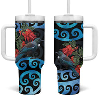 Tui Bird Kakabeak New Zealand Tumbler With Handle Clianthus Galaxy Maori Koru Pattern LT22 One Size: 40 oz Blue - Polynesian Pride